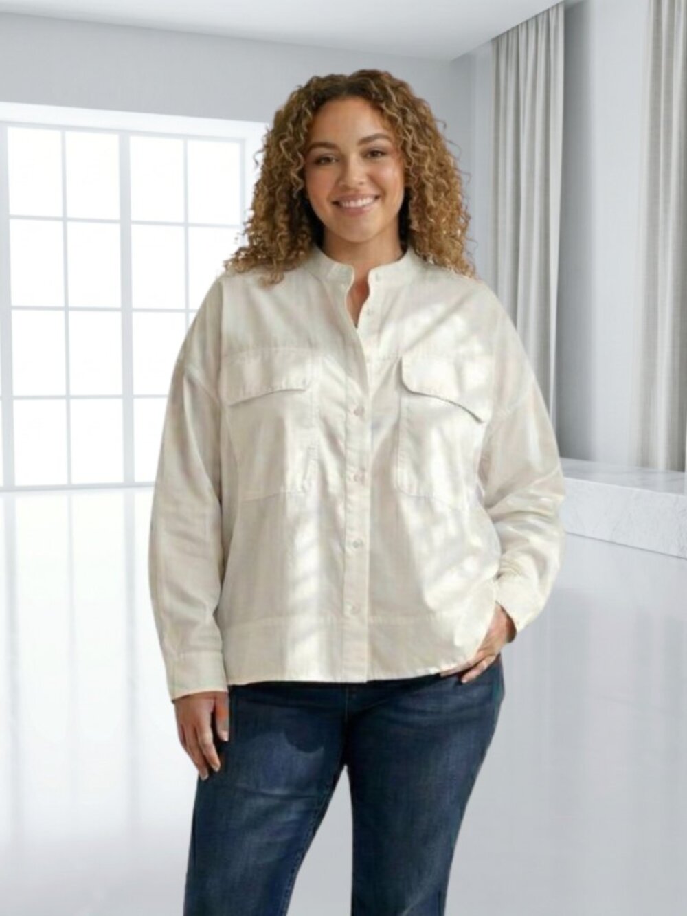 Scoop White Cotton Utility Button Down Shirt Boxy Coastal Minimalist Plus XXL
